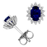 1 1/2 CTW Oval Blue Sapphire & Round Diamond 4-Prong Halo Stud Earrings in 14K White Gold (MDR170147)