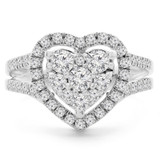 9/10 CTW Round Diamond Split Shank Heart Cluster Halo Cocktail Ring in 14K White Gold (MDR190066)
