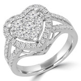 9/10 CTW Round Diamond Split Shank Heart Cluster Halo Cocktail Ring in 14K White Gold (MDR190066)