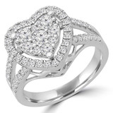 9/10 CTW Round Diamond Split Shank Heart Cluster Halo Cocktail Ring in 14K White Gold (MDR190066)