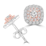 5/8 CTW Round Diamond White and Rose Gold Cluster Double Halo Stud Earrings in 14K Two-Tone Gold (MDR210107)