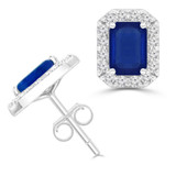 2 1/2 CTW Emerald Blue Sapphire & Round Diamond Emerald Halo Stud Earrings in 14K White Gold (MDR220072)