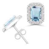 2 1/5 CTW Emerald Blue Topaz & Round Diamond Emerald Halo Stud Earrings in 14K White Gold (MDR220073)