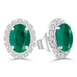 1 4/5 CTW Oval Green Emerald & Round Diamond Oval Halo Stud Earrings in 14K White Gold (MDR220075)
