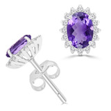 1 3/5 CTW Oval Purple Amethyst & Round Diamond Oval Floral Halo Stud Earrings in 14K White Gold (MDR220079)