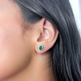 1 2/3 CTW Oval Green Emerald & Round Diamond Oval Floral Halo Stud Earrings in 14K White Gold (MDR220080)