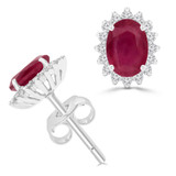 2 3/5 CTW Oval Red Ruby & Round Diamond Oval Floral Halo Stud Earrings in 14K White Gold (MDR220081)