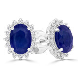 2 7/8 CTW Oval Blue Sapphire & Round Diamond Oval Floral Halo Stud Earrings in 14K White Gold (MDR220082)