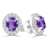 9/10 CTW Oval Purple Amethyst & Round Diamond Oval Halo Stud Earrings in 14K White Gold (MDR220084)
