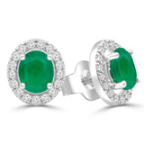 4/5 CTW Oval Green Emerald & Round Diamond Oval Halo Stud Earrings in 14K White Gold (MDR220085)
