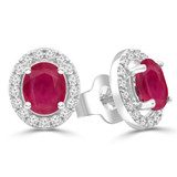 1 1/3 CTW Oval Red Ruby & Round Diamond Oval Halo Stud Earrings in 14K White Gold (MDR220086)
