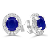 1 1/20 CTW Oval Blue Sapphire & Round Diamond Oval Halo Stud Earrings in 14K White Gold (MDR220087)