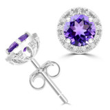 3/4 CTW Round Purple Amethyst & Round Diamond Halo Stud Earrings in 14K White Gold (MDR220094)
