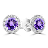 3/4 CTW Round Purple Amethyst & Round Diamond Halo Stud Earrings in 14K White Gold (MDR220094)