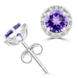 3/4 CTW Round Purple Amethyst & Round Diamond Halo Stud Earrings in 14K White Gold (MDR220094)