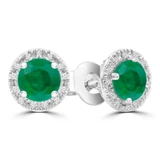 4/5 CTW Round Green Emerald & Round Diamond Halo Stud Earrings in 14K White Gold (MDR220095)