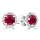 1 3/5 CTW Round Red Ruby & Round Diamond Halo Stud Earrings in 14K White Gold (MDR220096)