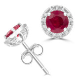 1 3/5 CTW Round Red Ruby & Round Diamond Halo Stud Earrings in 14K White Gold (MDR220096)