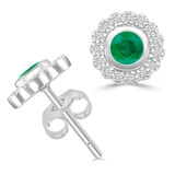 1/2 CTW Round Green Emerald & Round Diamond Floral Halo Bezel Set Stud Earrings in 14K White Gold (MDR220100)