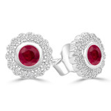 9/10 CTW Round Red Ruby & Round Diamond Floral Halo Bezel Set Stud Earrings in 14K White Gold (MDR220101)