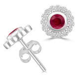 9/10 CTW Round Red Ruby & Round Diamond Floral Halo Bezel Set Stud Earrings in 14K White Gold (MDR220101)