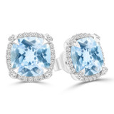 4 2/5 CTW Cushion Blue Topaz & Round Diamond Cushion Halo Claw Prong Stud Earrings in 14K White Gold (MDR220113)