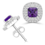 9/10 CTW Princess Purple Amethyst & Round Diamond Double Cushion Halo Stud Earrings in 14K White Gold (MDR220114)