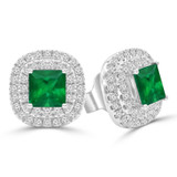 1 1/20 CTW Princess Green Emerald & Round Diamond Double Cushion Halo Stud Earrings in 14K White Gold (MDR220115)