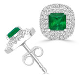 1 1/20 CTW Princess Green Emerald & Round Diamond Double Cushion Halo Stud Earrings in 14K White Gold (MDR220115)