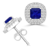 1 1/4 CTW Princess Blue Sapphire & Round Diamond Double Cushion Halo Stud Earrings in 14K White Gold (MDR220117)