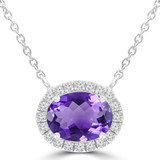 1 1/4 CTW Oval Purple Amethyst & Round Diamond Oval Halo  Necklace in 14K White Gold With Diamond Accent on Chain (MDR220119)
