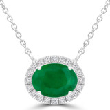 1 1/8 CTW Oval Green Emerald & Round Diamond Oval Halo  Necklace in 14K White Gold With Diamond Accent on Chain (MDR220120)