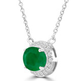 1 1/8 CTW Oval Green Emerald & Round Diamond Oval Halo  Necklace in 14K White Gold With Diamond Accent on Chain (MDR220120)