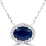 2 1/20 CTW Oval Blue Sapphire & Round Diamond Oval Halo  Necklace in 14K White Gold With Diamond Accent on Chain (MDR220122)