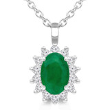 3/5 CTW Oval Green Emerald & Round Diamond Floral Halo Pendant Necklace in 14K White Gold (MDR220130)