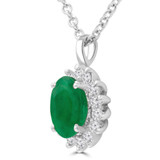 3/5 CTW Oval Green Emerald & Round Diamond Floral Halo Pendant Necklace in 14K White Gold (MDR220130)