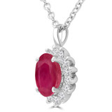 9/10 CTW Oval Red Ruby & Round Diamond Floral Halo Pendant Necklace in 14K White Gold (MDR220131)