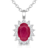 9/10 CTW Oval Red Ruby & Round Diamond Floral Halo Pendant Necklace in 14K White Gold (MDR220131)