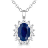 7/8 CTW Oval Blue Sapphire & Round Diamond Floral Halo Pendant Necklace in 14K White Gold (MDR220132)