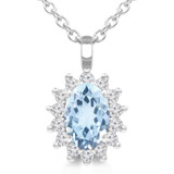 2/3 CTW Oval Blue Topaz & Round Diamond Floral Halo Pendant Necklace in 14K White Gold (MDR220133)