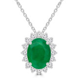 2 3/5 CTW Oval Green Emerald & Round Diamond Oval Floral Halo Pendant Necklace in 14K White Gold (MDR220135)