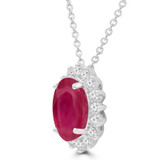 4 1/20 CTW Oval Red Ruby & Round Diamond Oval Floral Halo Pendant Necklace in 14K White Gold (MDR220136)