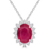 4 1/20 CTW Oval Red Ruby & Round Diamond Oval Floral Halo Pendant Necklace in 14K White Gold (MDR220136)