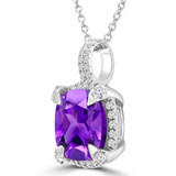 3 2/5 CTW Cushion Purple Amethyst & Round Diamond Claw Prong Cushion Halo Pendant Necklace in 14K White Gold (MDR220149)
