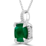 3 7/8 CTW Cushion Green Emerald & Round Diamond Claw Prong Cushion Halo Pendant Necklace in 14K White Gold (MDR220150)