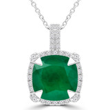 3 7/8 CTW Cushion Green Emerald & Round Diamond Claw Prong Cushion Halo Pendant Necklace in 14K White Gold (MDR220150)