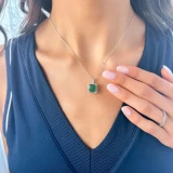 3 7/8 CTW Cushion Green Emerald & Round Diamond Claw Prong Cushion Halo Pendant Necklace in 14K White Gold (MDR220150)