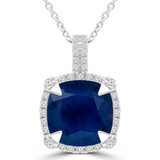 3 3/5 CTW Cushion Blue Sapphire & Round Diamond Claw Prong Cushion Halo Pendant Necklace in 14K White Gold (MDR220152)