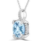 4 9/10 CTW Cushion Blue Topaz & Round Diamond Claw Prong Cushion Halo Pendant Necklace in 14K White Gold (MDR220153)