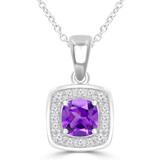 4/5 CTW Cushion Purple Amethyst & Round Diamond Claw Prong Cushion Halo Pendant Necklace in 14K White Gold (MDR220154)